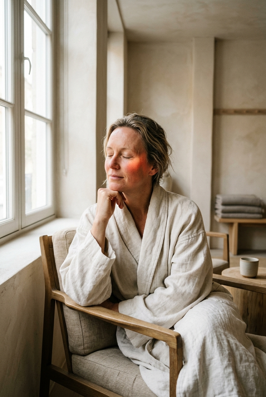 Guest resting in a linen robe by a window in soft warm light