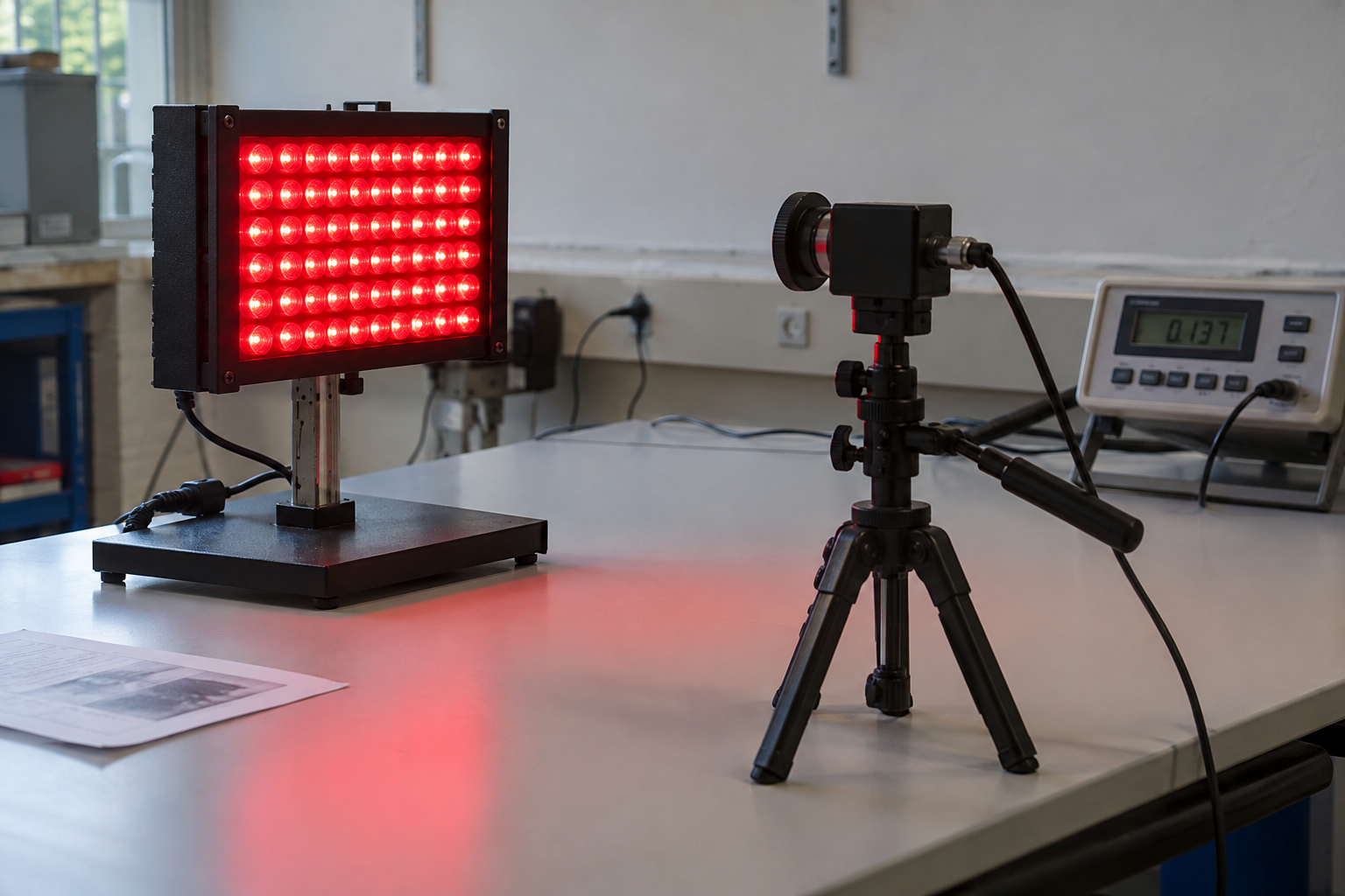 Illustrative red LED panel and optical sensor on a plain measurement bench