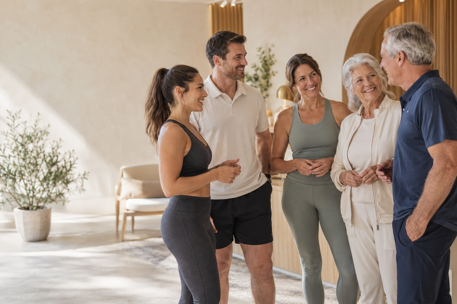 Illustrative scene of younger athletic adults and older adults connecting in a warm wellness setting